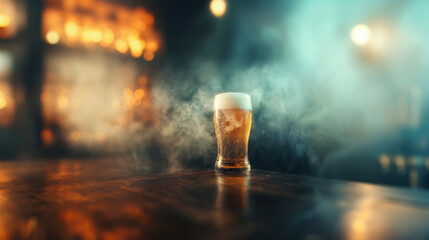 A glass of cold beer on a rustic wooden surface with smoky haze and warm lights in a moody bar setting.