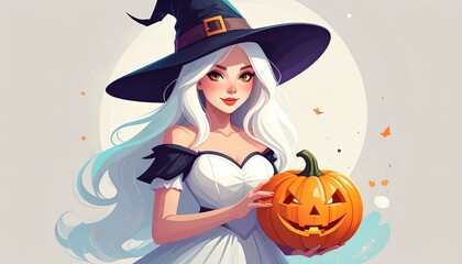 Charming female figure holding a carved pumpkin.