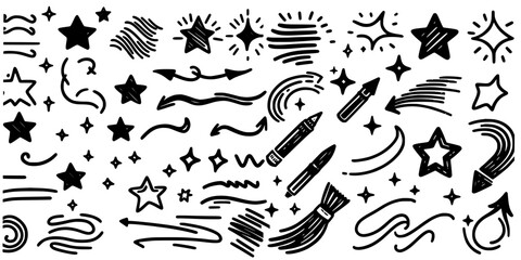 Whimsical Hand-Drawn Doodle Collection, collection of hand-drawn doodles featuring stars, arrows, and swirls for creative projects