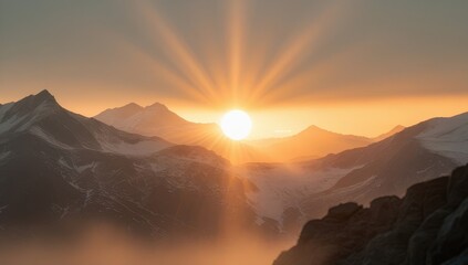 Stunning sunrise over snow-capped mountains, with golden rays illuminating the sky, creating a peaceful and majestic scene of nature's beauty