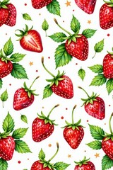 Watercolor strawberry pattern, lush red berries & green leaves seamless repeat, leaves, wallpaper