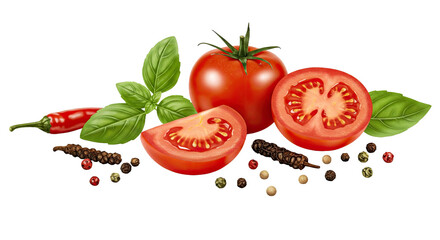 Fototapeta premium Food Cooking Diet Garden Design Element Ripe Whole Sliced Tomatoes Basil Leaves