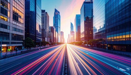 Obraz premium Urban Cityscape with Leading Lines from Streets and Buildings at Sunset