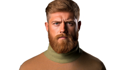 Stern man with red beard portrait, studio shot, cut out transparent