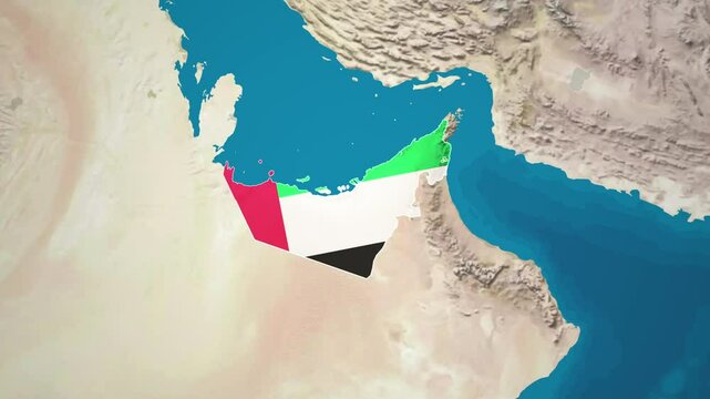 Zoom from Earth to Dubai (UAE). (Country Flag) World map animation with highlighted borders of countries. Middle East Cinematic 3d world map animation highlights aerial views, tourism, and travel. 4k