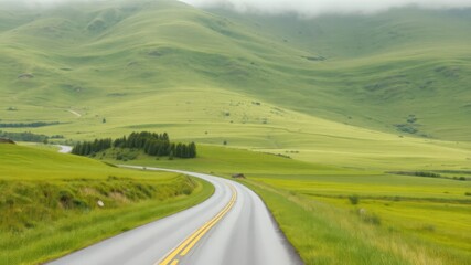 Fototapeta premium A scenic winding road curves through lush green rolling hills and valleys on an overcast day.