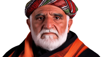 Senior Afghan man with beard and turban portrait, cut out transparent