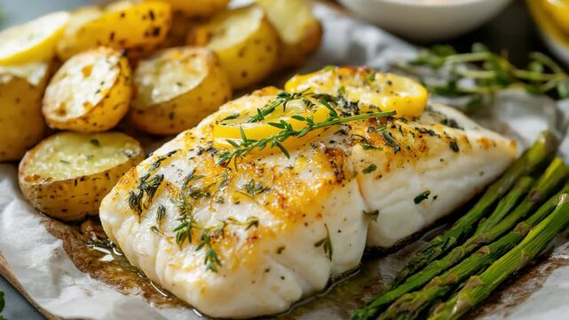 Close-up of baked cod fillet with herbs and lemon slices served with roasted potatoes and grilled asparagus on parchment paper.