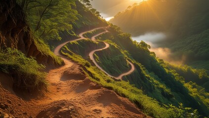 Scenic mountain road winding through lush green hills during sunrise, creating a peaceful and adventurous atmosphere in nature’s beauty