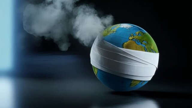 Global Crisis: Earth Wrapped in Bandages with Smoke