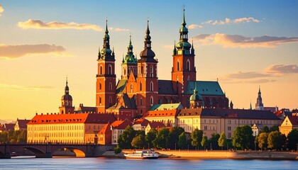 Naklejka premium Historical Cityscape Featuring Iconic Architectural Wonders at Sunset