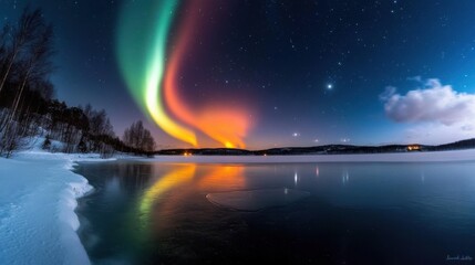 Colorful auroras dance across the night sky above a serene frozen lake, reflecting vibrant hues on the icy surface. A peaceful winter landscape enhances the beauty of this natural phenomenon