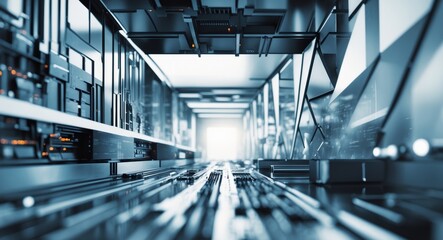 Futuristic Data Center Corridor with Circuitry and Advanced Tech Infrastructure.