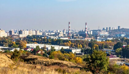 Obraz premium Industrial Cityscape View with Focus on Urban Outskirts and Landscape