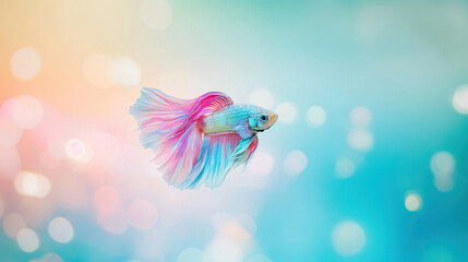 Elegant betta fish swimming in pastel waters, showcasing iridescent fins in pink, blue, and purple hues with dreamy background.