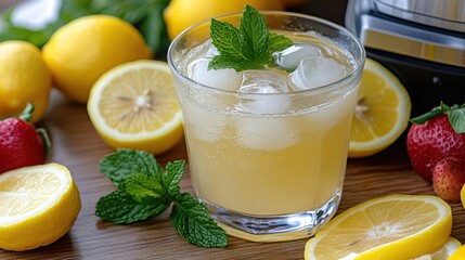 A vibrant glass of a citrus beverage sits among fresh lemons and strawberries on a wooden surface. Mint leaves float atop the drink, enhancing its fresh appeal