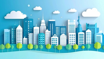 Fototapeta premium Urban Cityscape Illustration with Layered Elements and Blue Sky
