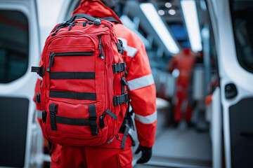 Close up, Paramedic with a red medical backpack entering the back of an ambulance. concept of emergencies and disasters
