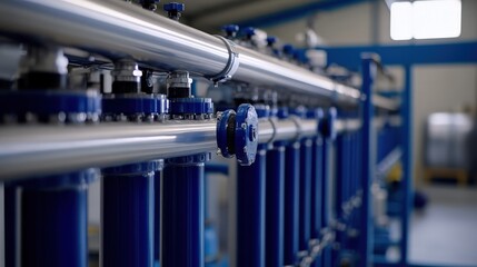 Industrial water filtration system with blue pipes and valves in production environment