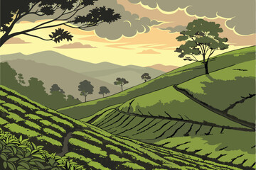 83 lush green rolling hills, vibrant green tea plantations, dramatic cloudy sunset sky, sun setting over distant mountains, idyllic rural landscape, atmospheric lighting, digital art, photorealistic, 