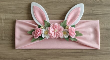 Pink Glitter Headband with Bunny Ears and Flowers