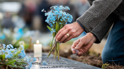A single hand holding a bouquet of forget-me-nots, slowly lowering them onto an engraved tombstone