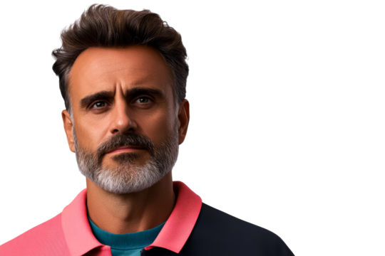 Close up portrait of bearded man in casual attire, cut out transparent