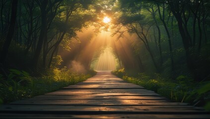 Mysterious forest pathway bathed in golden sunlight, creating a magical, peaceful ambiance perfect for nature lovers, meditation, and outdoor adventures