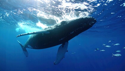 Obraz premium Majestic humpback whale surfacing in the deep ocean.