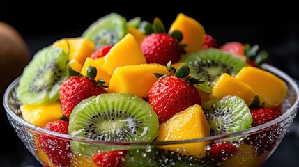 A colorful mix of fresh kiwi slices, strawberries, and juicy mango pieces arranged beautifully in a clear bowl on a dark background. Perfect for a healthy snack or dessert
