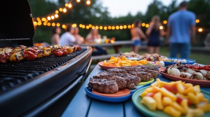 Friends enjoy a summer barbecue in the evening, grilling steak and vegetables while sharing laughter and conversation around colorful plates filled with food