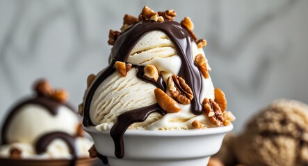 Vanilla Ice Cream with Chocolate Syrup and Pecan Nuts Topping, Served in a White Bowl