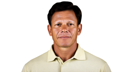 Close up face of a smiling middle age Latino man, cut out transparent