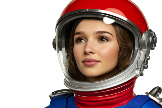 Astronaut woman with retro space helmet, looking up, cut out transparent