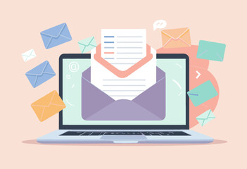 Vibrant illustration of digital communication with a laptop and colorful envelopes symbolizing email exchange.