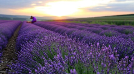 Naklejka premium Rows of vibrant lavender stretch across the fields under a colorful sunset sky. A farmer can be seen carefully harvesting the fragrant flowers, creating a serene atmosphere