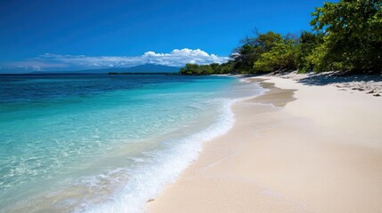 A peaceful beach stretches along clear turquoise waters, with gentle waves lapping at the pristine sandy shore. Lush greenery lines the coast under a bright blue sky, creating a serene atmosphere