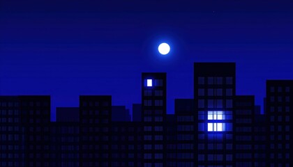 Mysterious Cityscape with Illuminated Window in Dark Building at Night
