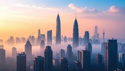 Fototapeta premium Hazy Cityscape at Dusk with Smog and Pollution in the Atmosphere