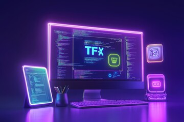 Modern tech workspace,  coding environment. Neon-lit computer monitor with programming code and application icon displayed.  Tablet and accessories visible