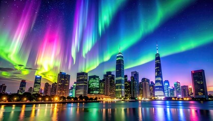 Fototapeta premium Vibrant Aurora Borealis Over Cityscape at Night with Colorful Sky