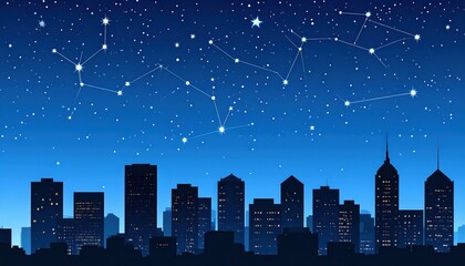 Naklejka premium Starry Night Sky Over Urban Cityscape with Bright Constellations