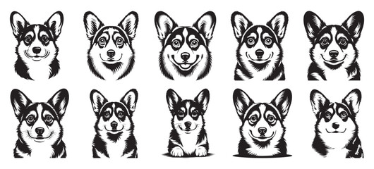 Ten adorable corgi dog head silhouettes in black and white