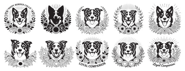 Obraz premium Ten border collie dog silhouettes with floral wreaths silhouette