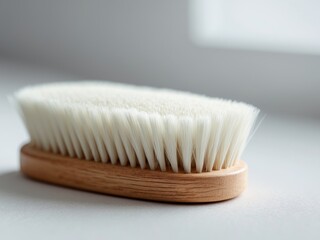 Natural bristle brush with wooden handle, closeup view. Soft fibers for cleaning.