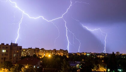 Naklejka premium Dramatic Cityscape with Frequent Lightning Strikes Illuminating Skyline