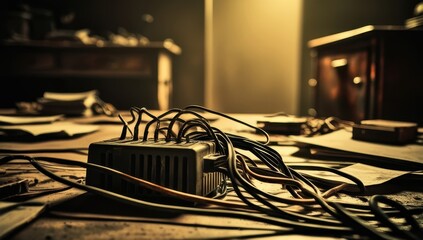 Tangled cables and electronics on a desk in dim lighting create an atmosphere of maintenance, repair or technical work
