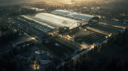 Aerial view of sunset over large-scale greenhouse complex