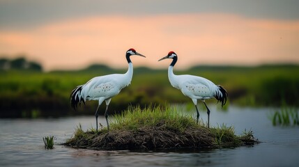 Two red-crowned cranes stand facing each other on a small island in a tranquil marsh