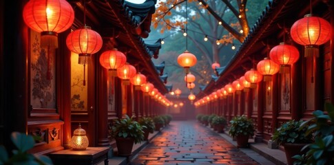 Intricate carvings, warm glow, hanging lanterns, home, oriental